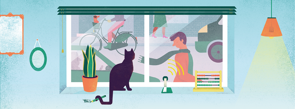 A cat looks from inside the house towards a street with people walking, bikes and cars passing and is counting the passages with its tail.
